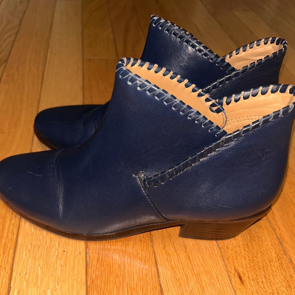 Jack Rogers Navy Blue Leather Whipstitch Ankle Boots Booties Size 6.5M